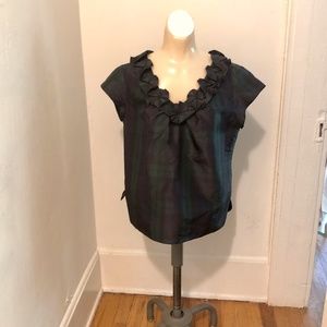 New Talbots Silk Top Plaid Green Black 8
